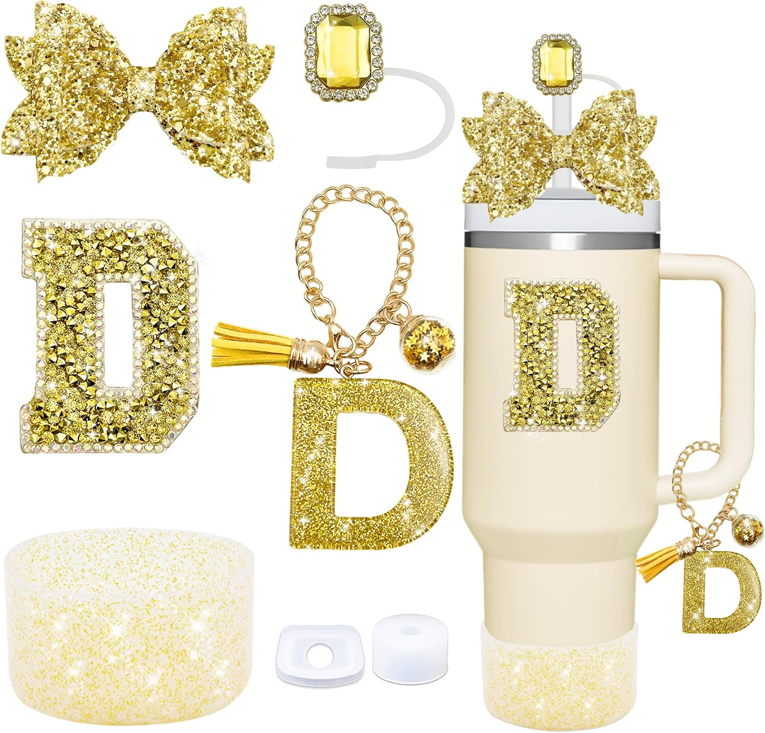 7PCS Bling Stanley Cup Accessories for 30Oz & 40Oz Tumbler with Handle,Including Initials Charms,Straw Bow Decorate,Straw Topper Cover,Boot,Spill Proof Stoppers,Initials Sticker (Gold E)