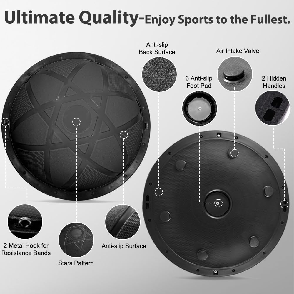 300KG Half Balance Ball Trainer,7Pcs Half Exercise Balance Ball Trainer Set with 2 Resistance Bands,Yoga Ball&Foot Pump,58Cm Stability Ball for Full Body Workout,Exercises,Home Gym,Physical Therapy - Black image number 6