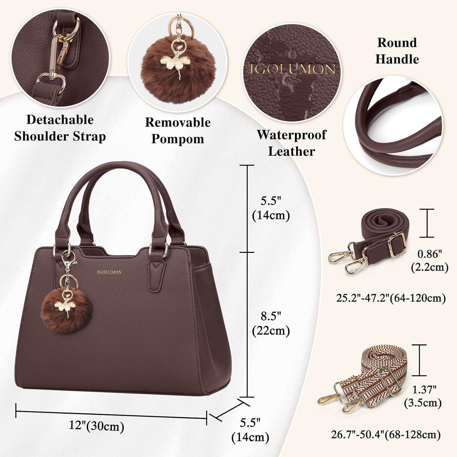 IGOLUMON Women'S Top-Handle Handbags PU Vegan Leather Satchel Purses for Women Designer Tote Purse Handbag with Cute Pompom