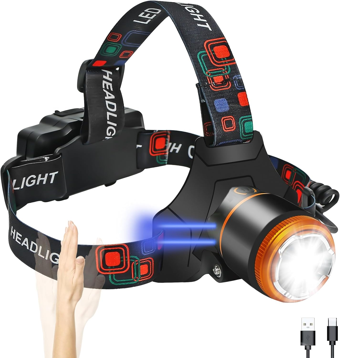 ORHOMELIFE LED Rechargeable Headlamp with Motion Sensor and 4 Light Modes, IP45 Waterproof, 90&deg; Adjustable Headlamp for Jogging, Running, Camping, Fishing, Hiking, Craftsmen image number 5