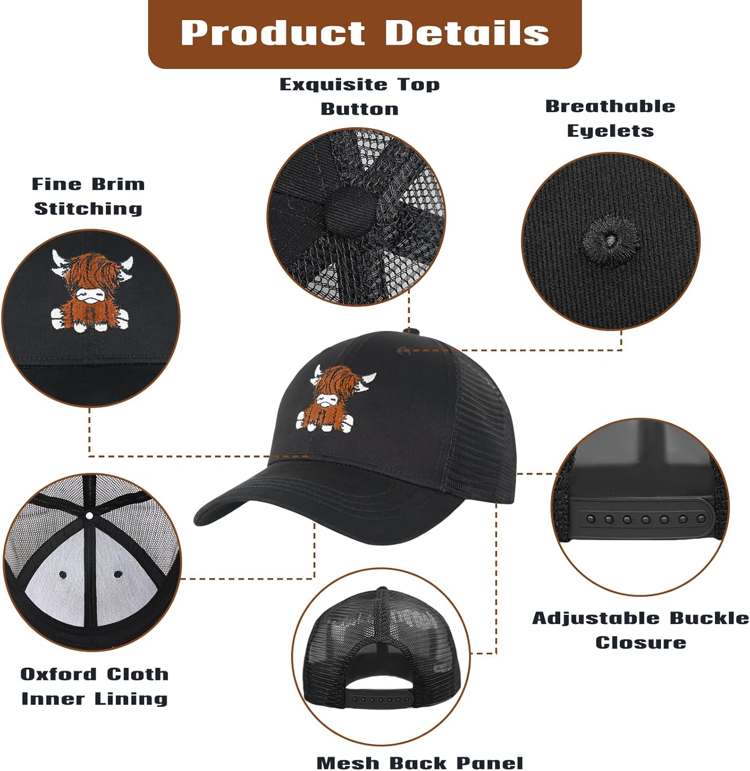 Gswirmchsq Scottish Highland Cow Hat, Cute Embroidery Mesh Baseball Cap Trucker Hats Highland Cow Gifts for Women Men - 01-Beige image number 6