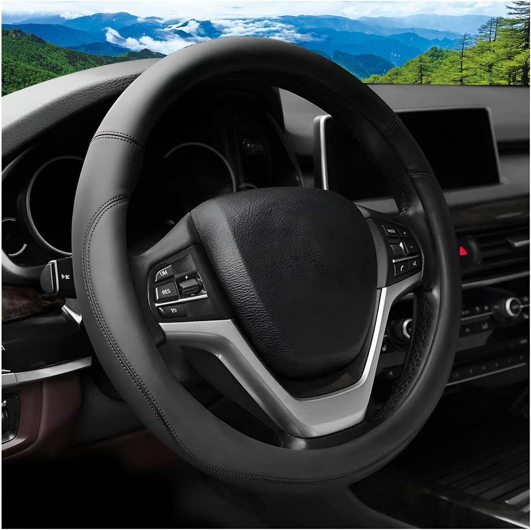 Car Steering Wheel Cover, 14.5"-15" Leather Anti-Slip Sporty Vehicle Steering Wheel Protector, Soft Breathable Auto Interior Decoration Accessories, Universal for SUV Truck Sedan (Grey)