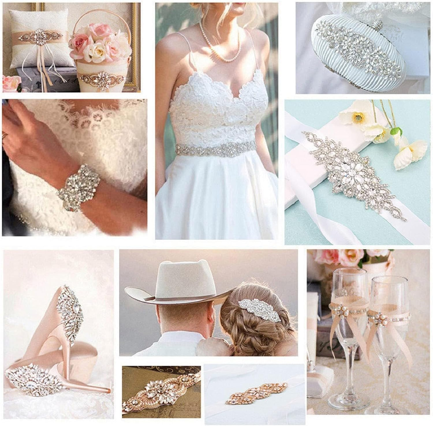 8 Pieces Crystal Rhinestone Appliques Silver Rhinestone Iron on Patch Hot Fix Applique for Bridal Wedding Dress Clothes Sash Crystal Belt DIY Sewing Appliques for Shoes image number 4