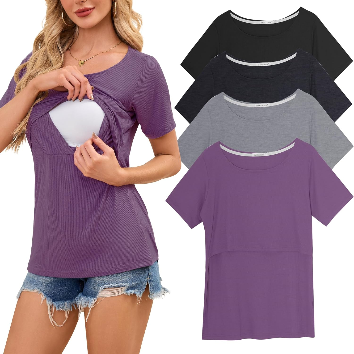 Smallshow Women'S Nursing Tops Ribbed Short Sleeve Breastfeeding Clothes 4 Pack