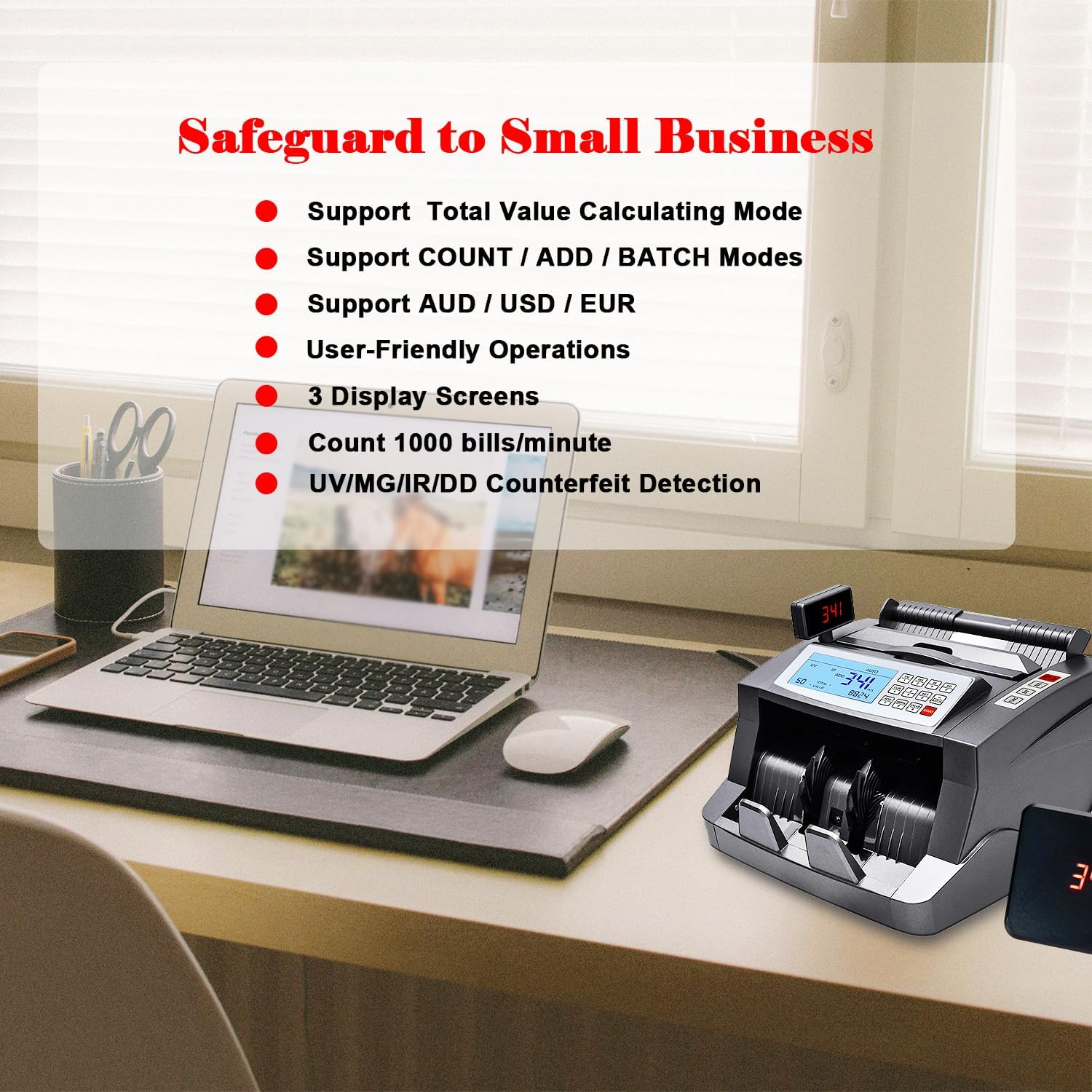 Money Counter Australian Note Bill Counting Machine AUD Cash Counter with Value Count, Add/Batch Modes, 3 Screens, LCD Display, AU Plug, UV/MG/IR/DD Counterfeit Detection Only for US Dollar, Euro image number 5