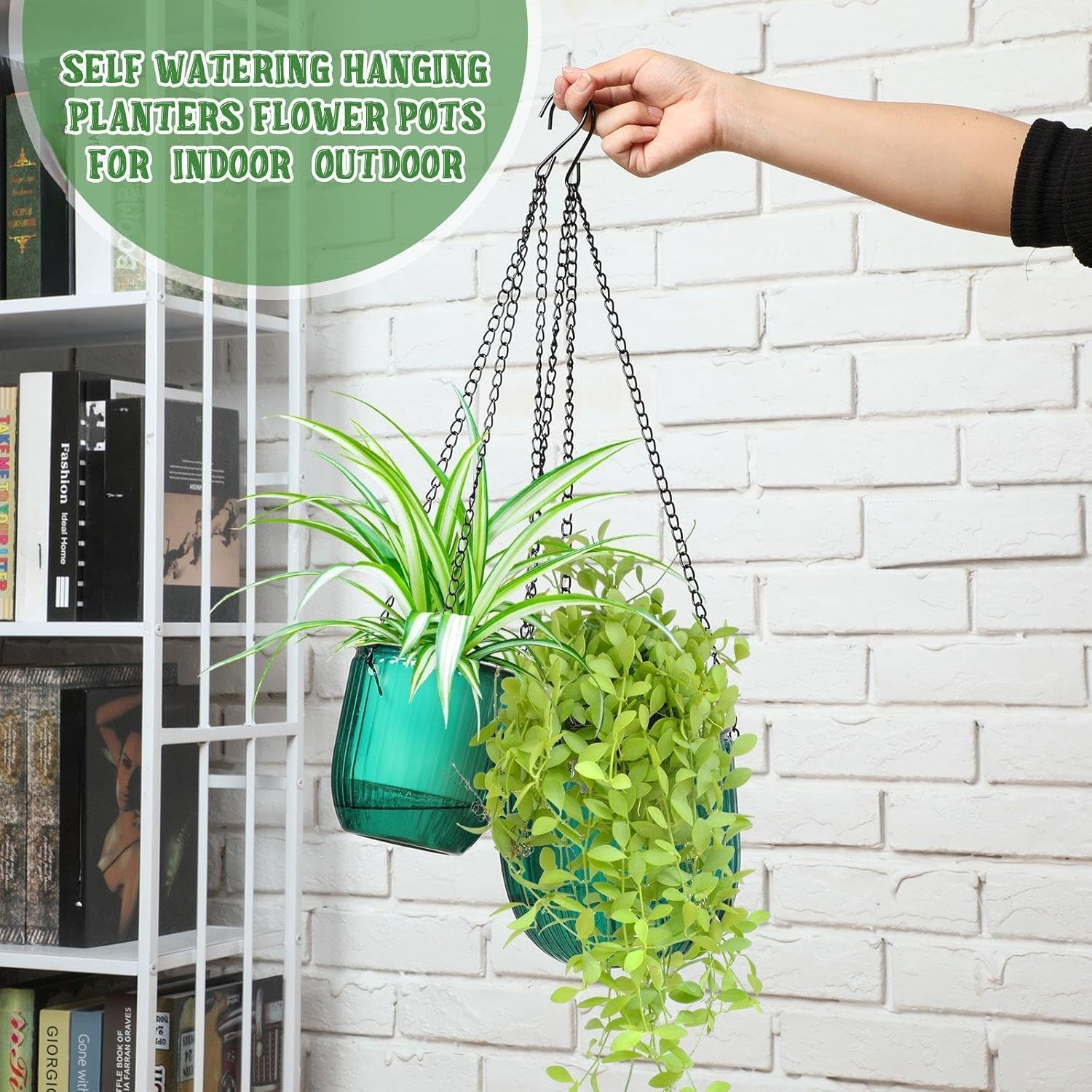 Maxcheck 4 Pcs Self Watering Hanging Planters Indoor Gift 6.5'' 4.5'' Hanging Flower Pots Baskets Outdoor Self Watering Plant with 3Hooks Drainage Holes for Home(Emerald,Grey) image number 7