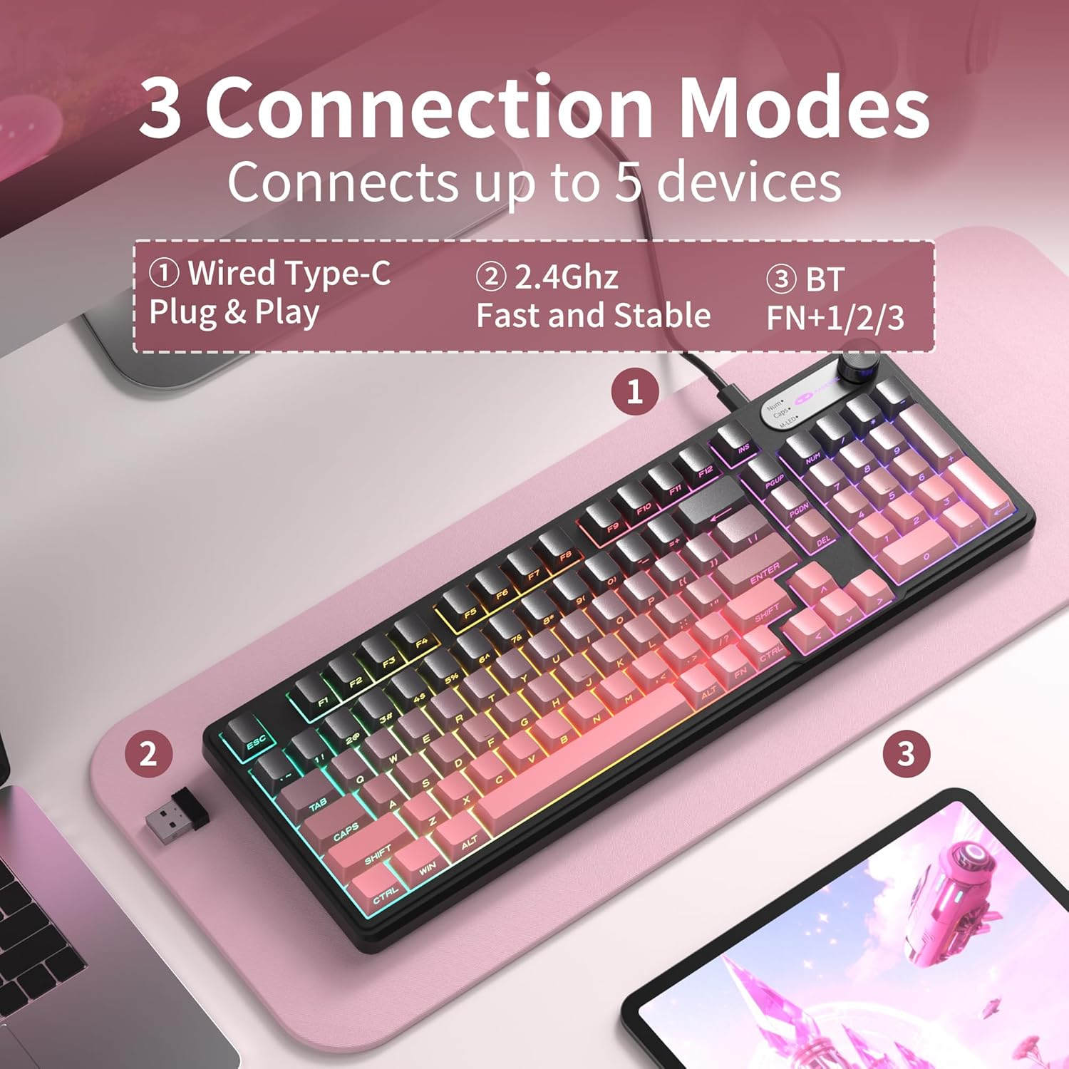 Magegee GK960 Wireless Gaming Keyboard, RGB Tri-Mode Wired/Bt/2.4G Creamy Keyboard with Number Pad, 4000Mah Battery, Knob Control, Side Printed Keycaps, 19-Key Anti-Ghosting for Win/Mac (Black & Pink) image number 1