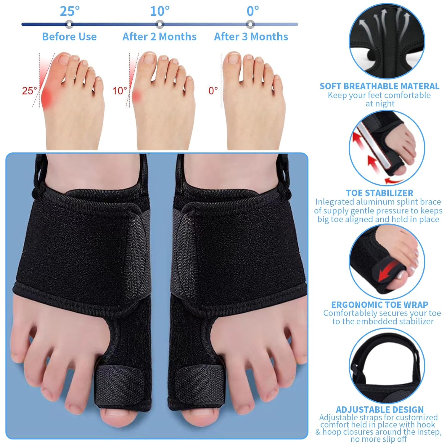 2 Pieces Upgraded Bunion Corrector Left + Right, Bunion Splint & Big Toe Straightener for Unisex, Brace Splint Pads Premium Orthopedic Big Toe Straightener for Valgus Hallux Pain Relief image number 5