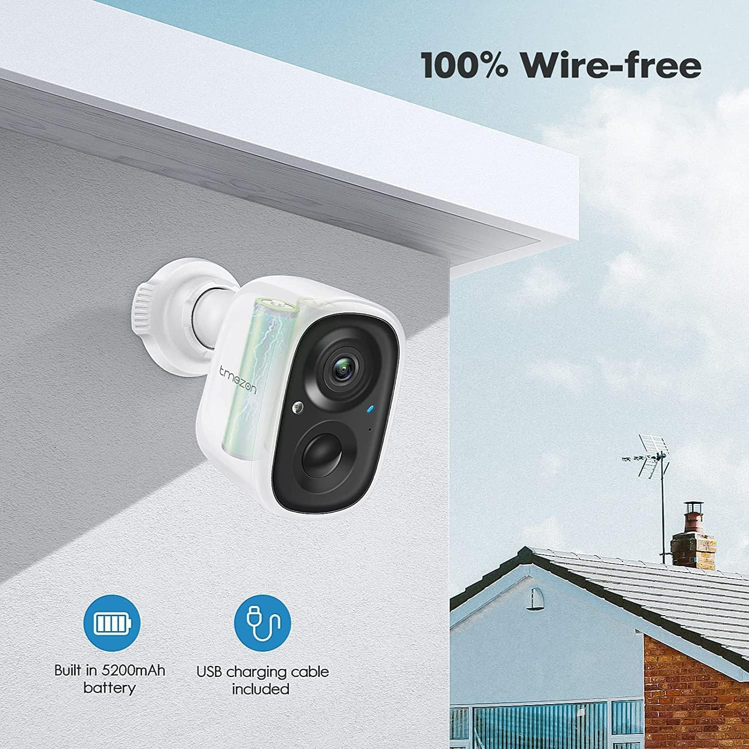 TMEZON 1080P Indoor/Outdoor Security Wireless Camera,Rechargeable Battery/Solar Powered for Home Surveillance, PIR Motion Detection, Stunning Night Vision, Smart Home Supported,Without Solar Panel image number 1