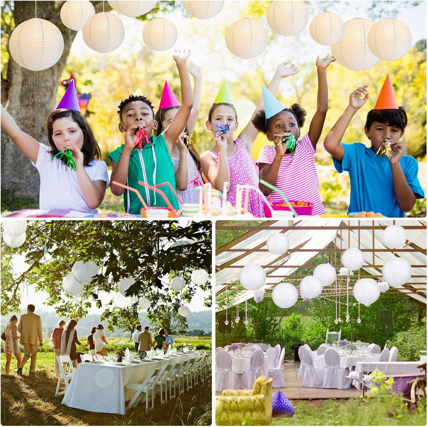 Pack of 30 Paper Lanterns, White with LED Lights, Hanging Paper Lanterns with 30 Warm White Mini LED Balloons Lights, round Paper Lampshade for Decoration, Wedding, Garden Party (Diameter 15