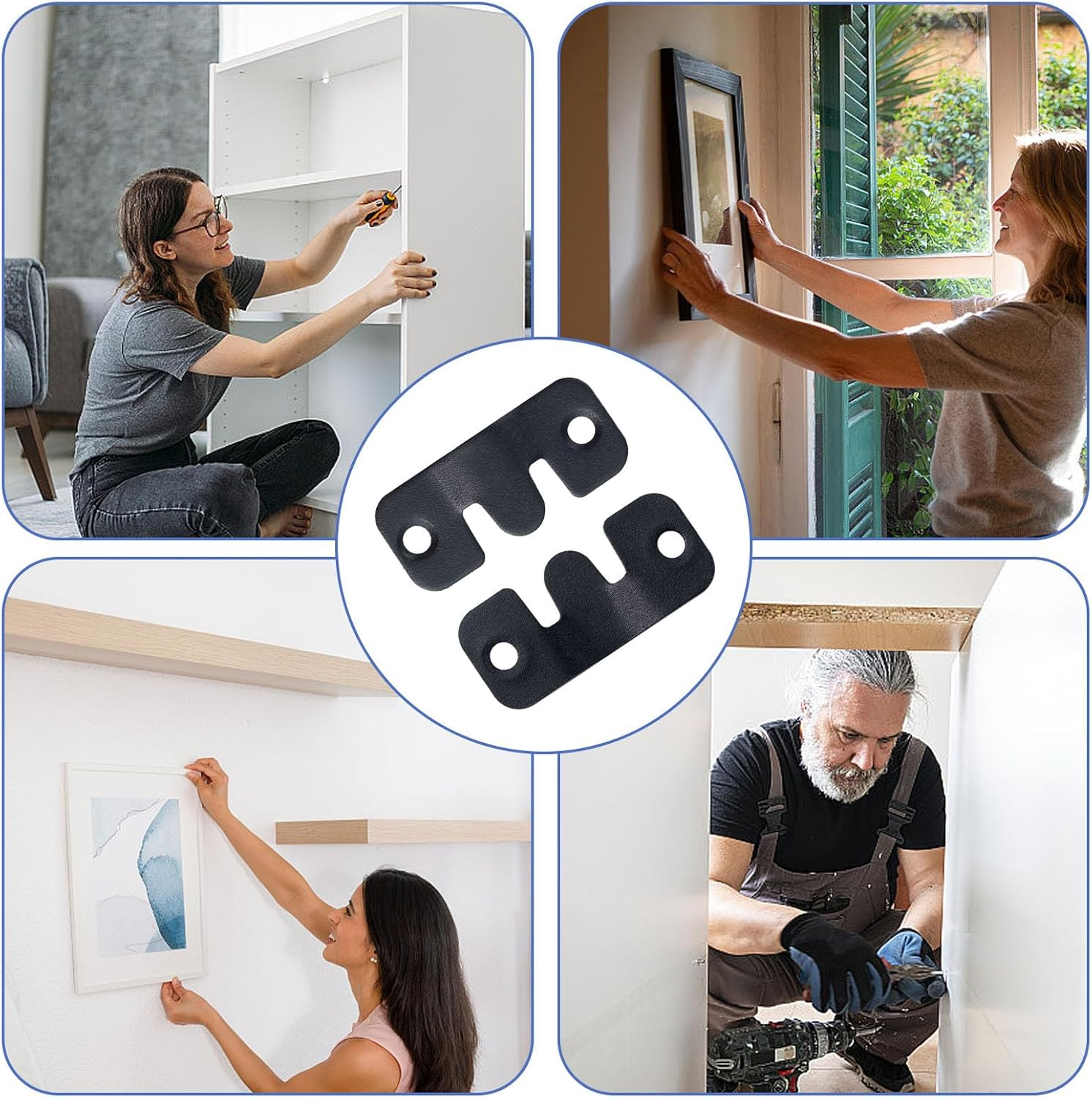 16 PCS Interlocking Flush Mount Bracket Black Stainless Steel Picture Hangers Heavy Duty Headboard Hangers for Wall, Wall Mounting Hardware (Black) image number 6