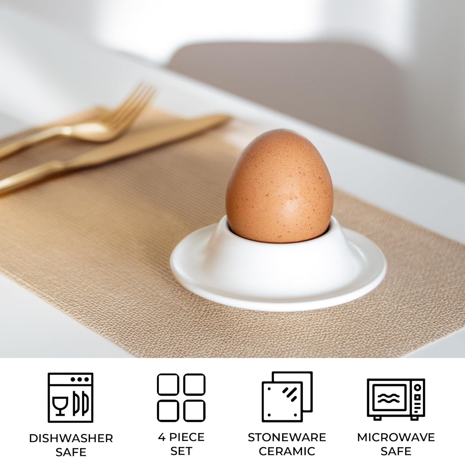 MIAMIO &ndash; Egg Cups 4-Piece Ceramic Set, Stoneware Egg Cups with Tray for Eggshells, Breakfast Egg Cup in Restaurant Quality &ndash; Dishwasher Safe (White) - Black image number 5