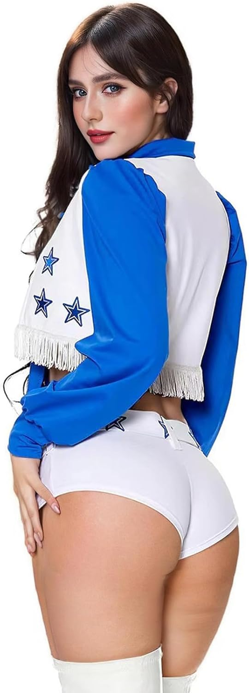 BYVCUI Cowboy Cheerleader Costume Adult Women Star Sexy Cheerleader Outfits Halloween Costume Girls Outfit Adult Halloween 3 Piece Shirt Vest and White Shorts image number 3