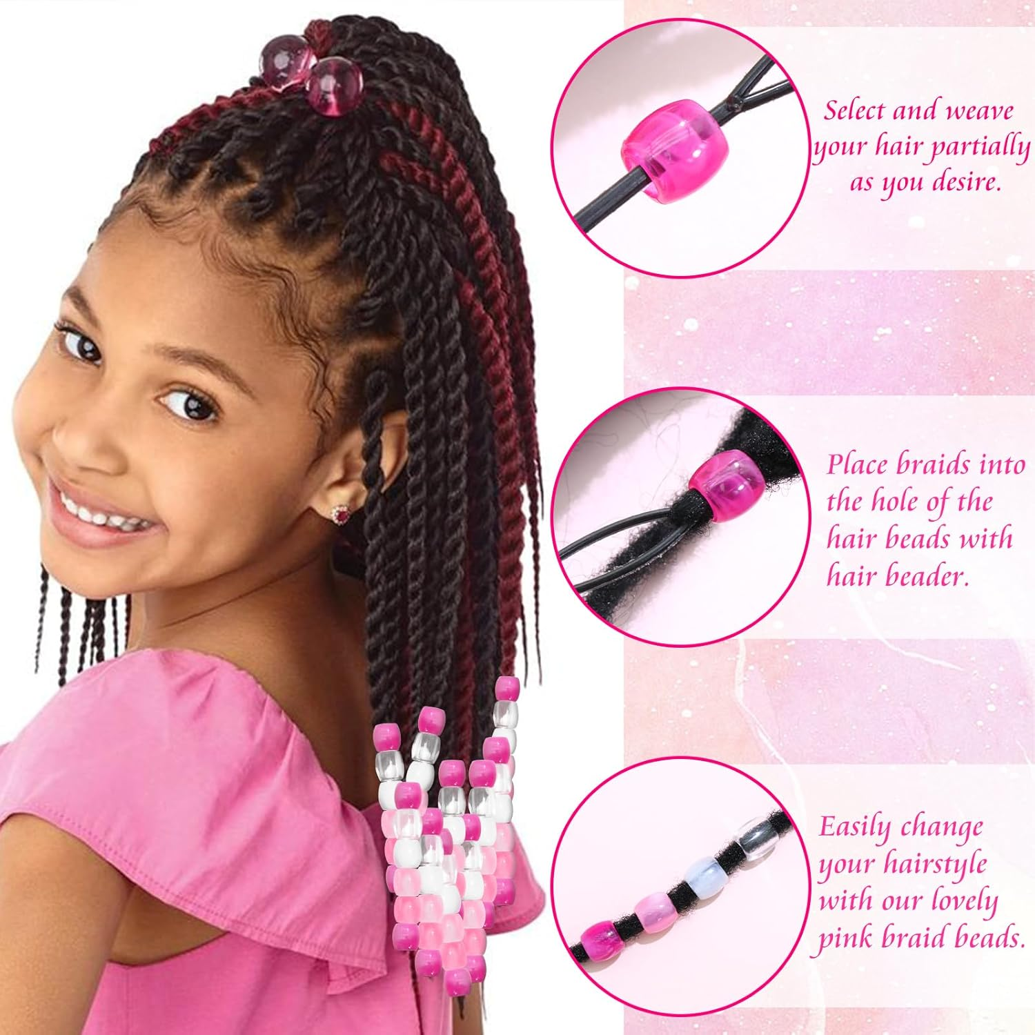 VENOFEN 48 Pink Hair Beads for Dreadlocks, Braids, and Pony Tails - Light Pink, Kids' Girls' Jewelry Making Hair Accessories - Brown image number 3