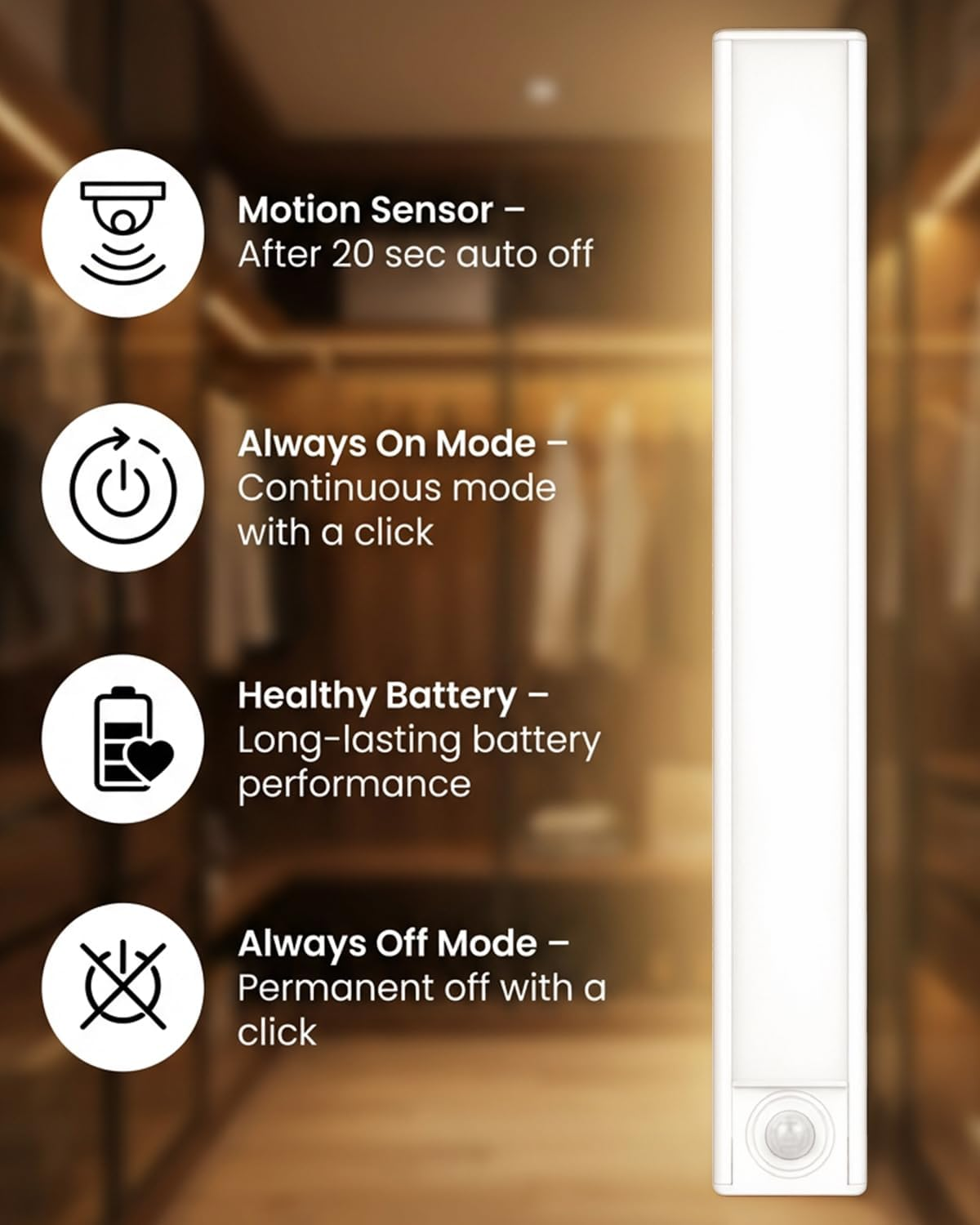 INDCAN IMPORT Motion Sensor Light Rechargeable, Cordless LED Cabinet Light for Kitchen, Closet & Hallway, Stick-On Night Light, under Cabinet Lighting, Motion Activated Indoor Lamp image number 2