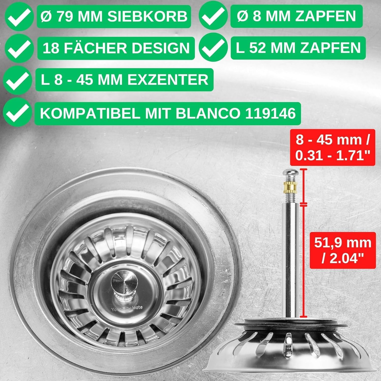 BLANCO 119146 Strainer Basket 7.9 Cm | 3.5 Inches | with Spigot for Eccentric Operation | 18 Drain Slots | Original Replacement Part | Stainless Steel image number 6