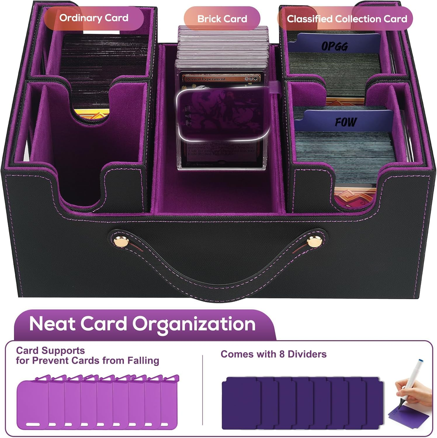 Cyperever Trading Card Storage Box for MTG, Card Storage Box with Commander Display, Multi-Purpose MTG Deck Box for Graded Storage with 4 Toploaders, 8 Stoppers, 8 Dividers (Black & Purple) image number 4
