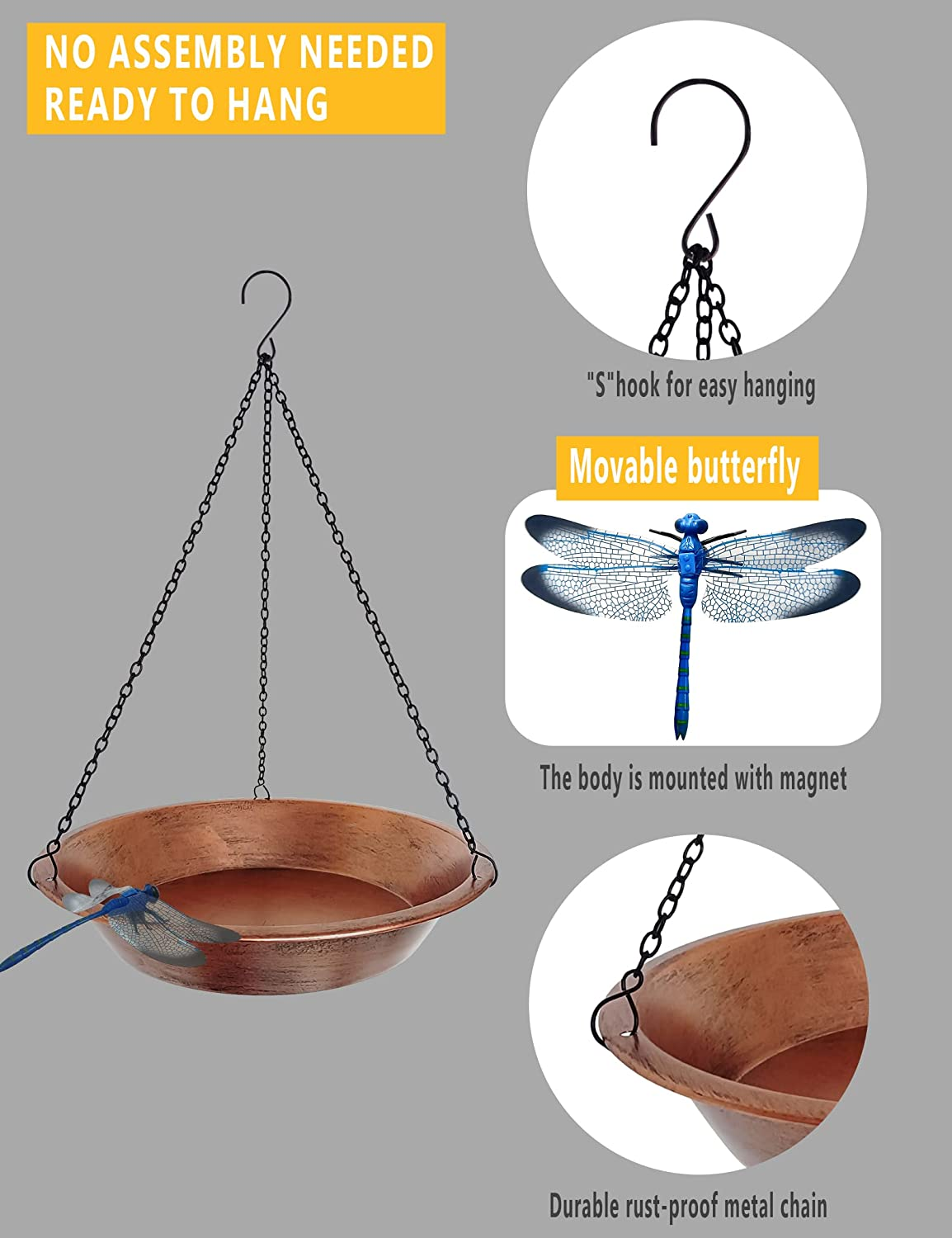 Hanging Bird Bath for Outdoor, Antique Copper Metal Bird Feeder Birdbath Bowl with 17&rdquo; Rust-Proof Black Chains for Garden Backyard Decor image number 5