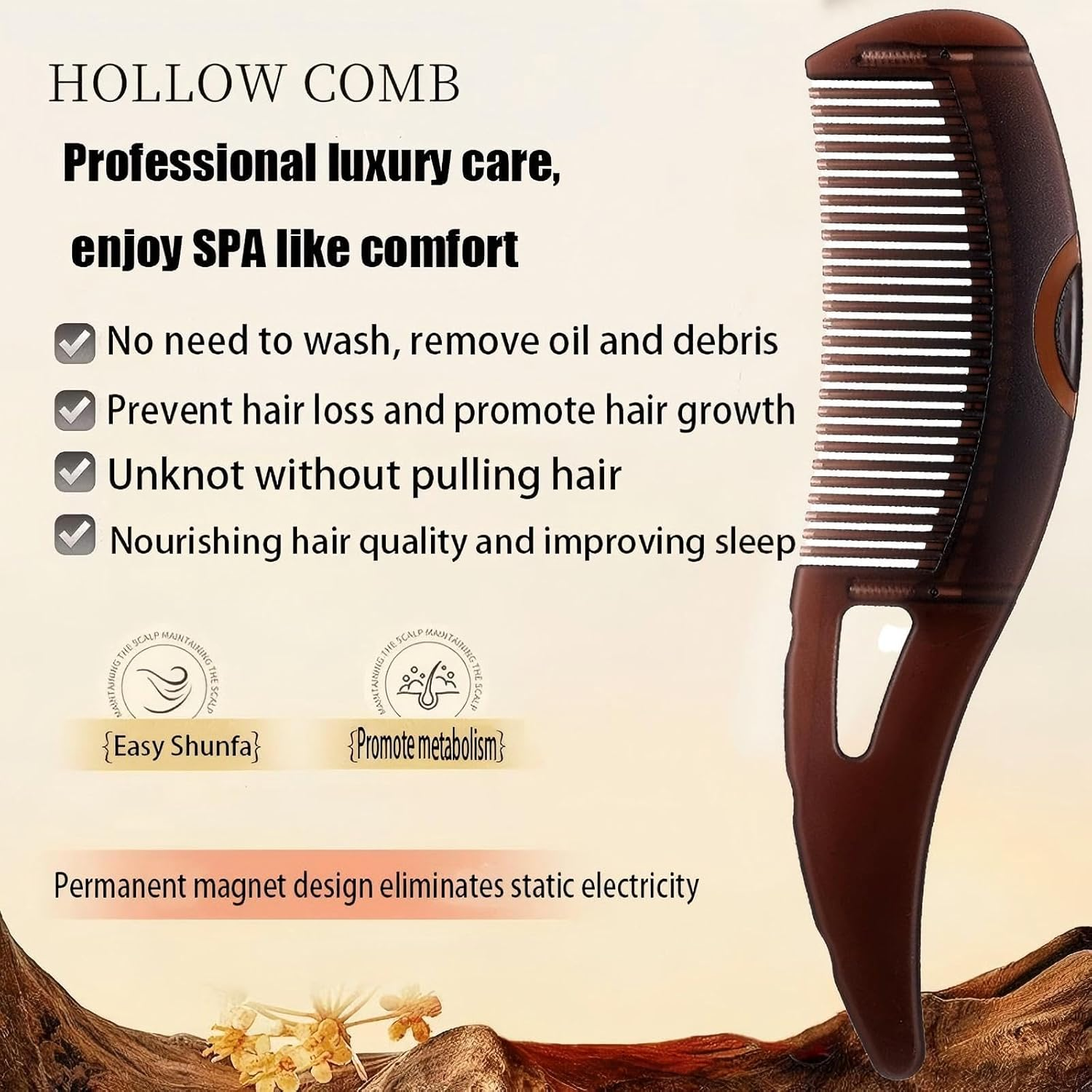 Hollow Comb Temperate Hair Care Comb Hair Brush Detangling Hair Comb Exfoliating Comb for All Hair Types and Populations Promotes Healthy Scalp and Shiny Hair - Brown image number 6