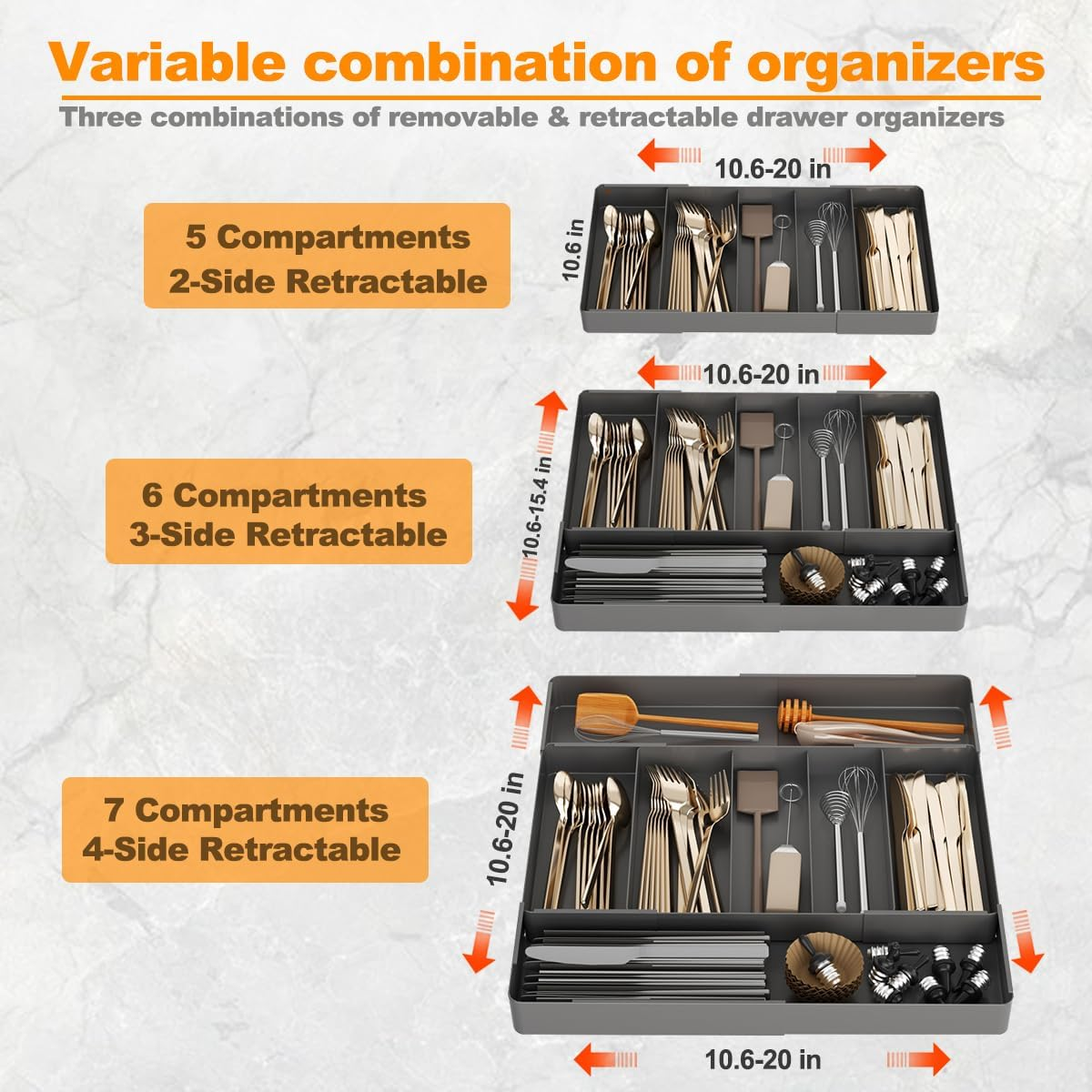 Cutlery Drawer Organiser, Kitchen Drawer Organiser, 4-Sided Telescopic Expandable Cutlery Organiser for Silverware,Cutlery, Accessories or Gadgets,Black image number 5