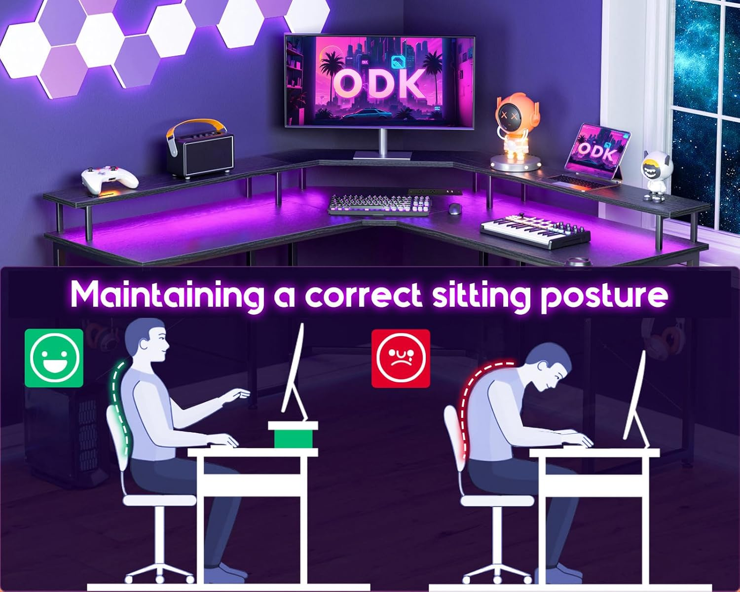 ODK L Shaped Computer Desk, Gaming Desk LED Light Strip and 2 USB 3 Charging Port, Gaming Table with Monitor Surface, Gaming Desks Workstations, Black - Texture White image number 2