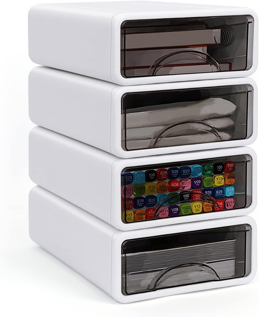 Desk Storage Box Stackable Desktop Storage Drawers for Stationery Supplies, Plastic Desk Organizer Desk Supplies Storage Organiser for Office, Dorm, Bathroom(4Pcs) image number 6