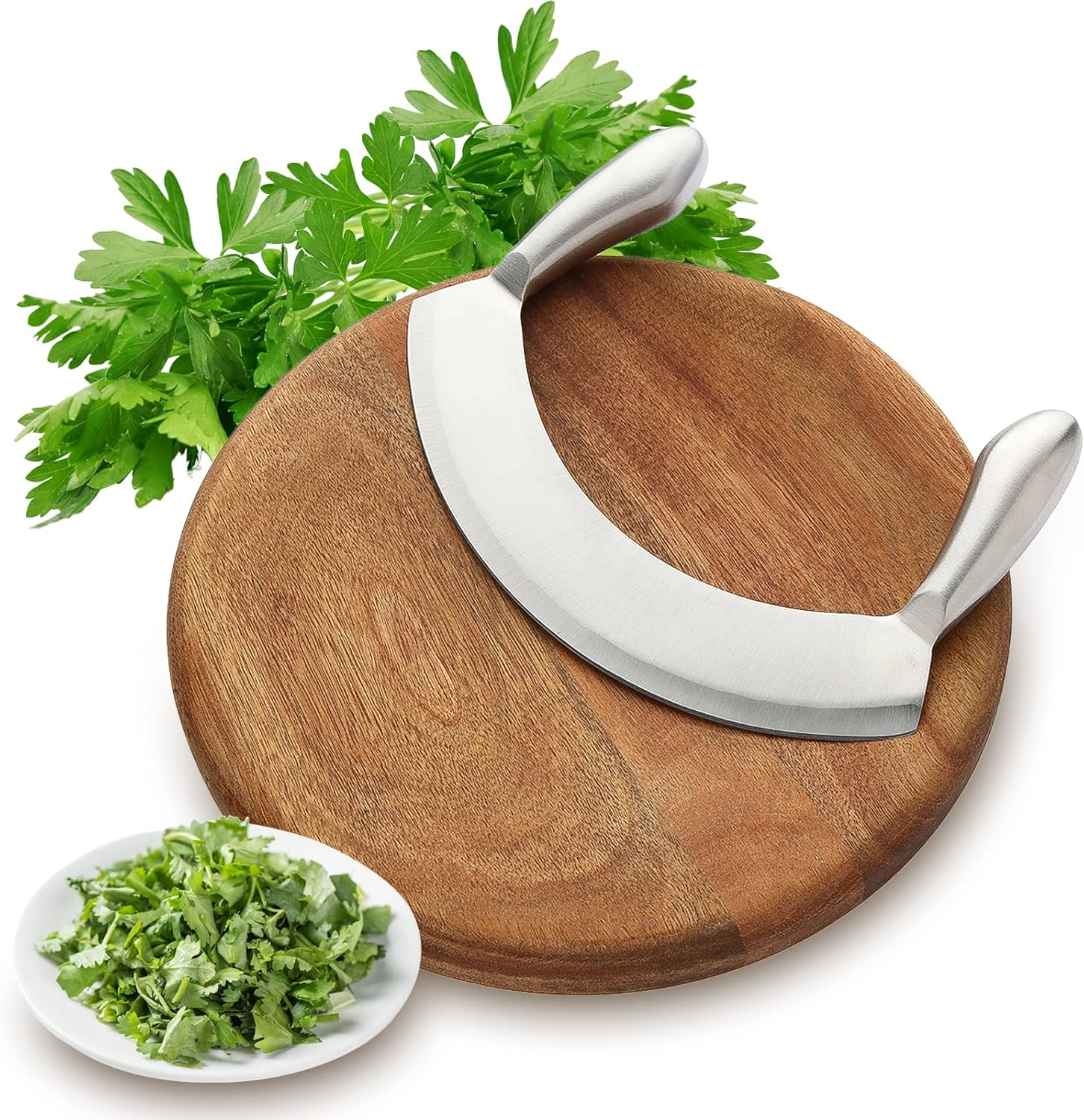 8.7 Inch Mezzaluna Knife with Wood Cutting Board - Stainless Steel Salad Chopper Rocker Pizza Cutter Rocker Knife Curved Blade Sharp Blade Double Handle Fruit Vegetable Mincing Knife