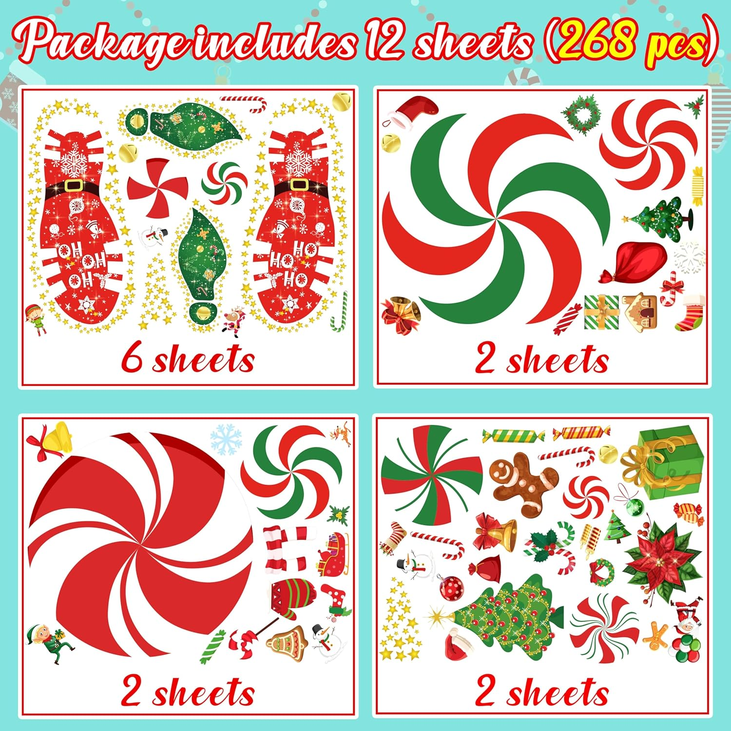 200PCS Christmas Peppermint Floor Clings Footprints Decorations - Santa Claus / Elf / Candy / Snowman Decals Xmas Party Decor Supplies image number 1