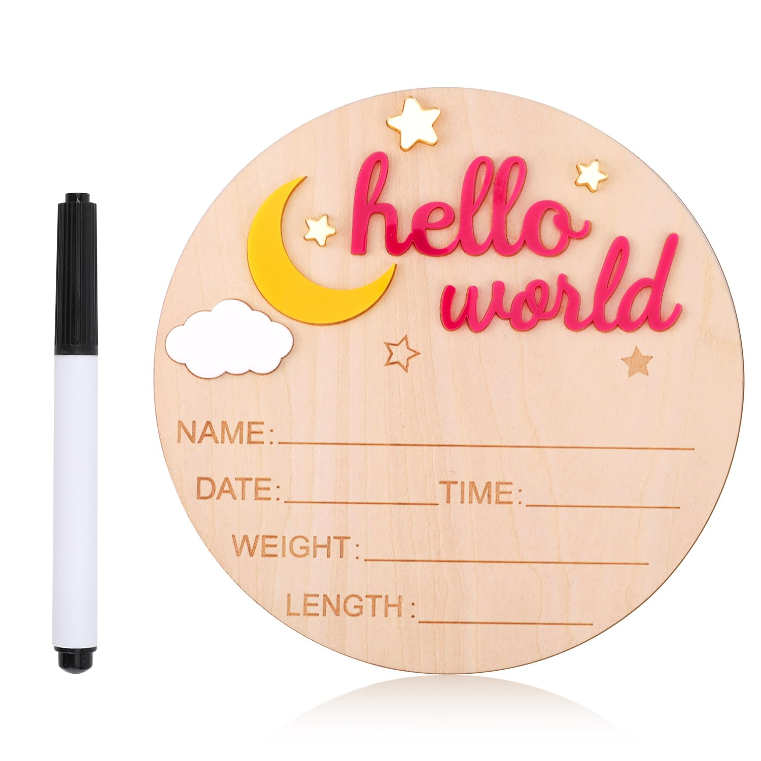 Wooden Hello World Newborn Sign, Cute Birth Announcement Board Baby Announcement Sign Newborn Welcome Sign Baby Name Plaque for Nursery Hospital Girl Boy Baby Shower Photo Props(Rose Red) image number 4