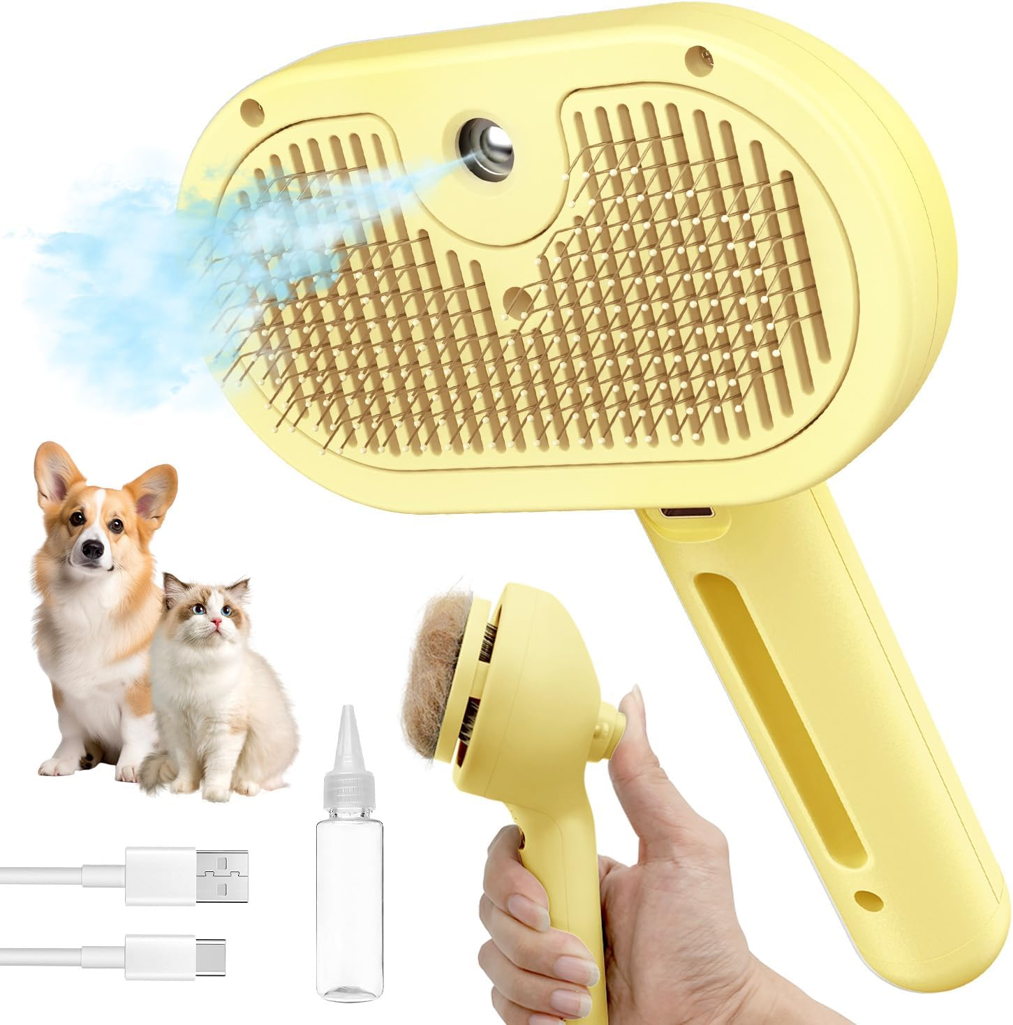 Herokitty Cat Steam Brush for Shedding, 3 in 1 Self Cleaning Steamy Pet Brush Anti-Static Flying Hair Spray Cat Brush for Long and Short Hair Pets Grooming Remove Loose Hair Reduce Shedding, Pink