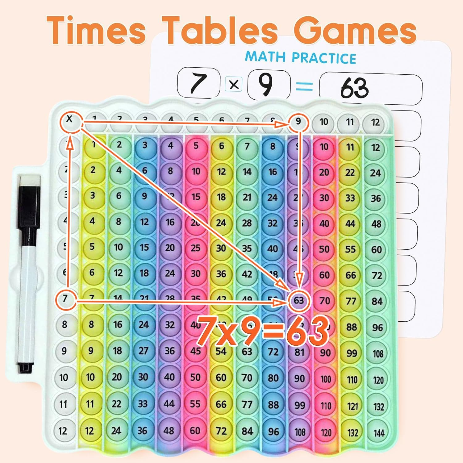 Multiplication Chart Pop It - Multiplication Game Board, Multiplication Pop It Math Games 12X12 Multiplication Table for Kids Learning, Multiplication Machine Times Table (Macaron) image number 6