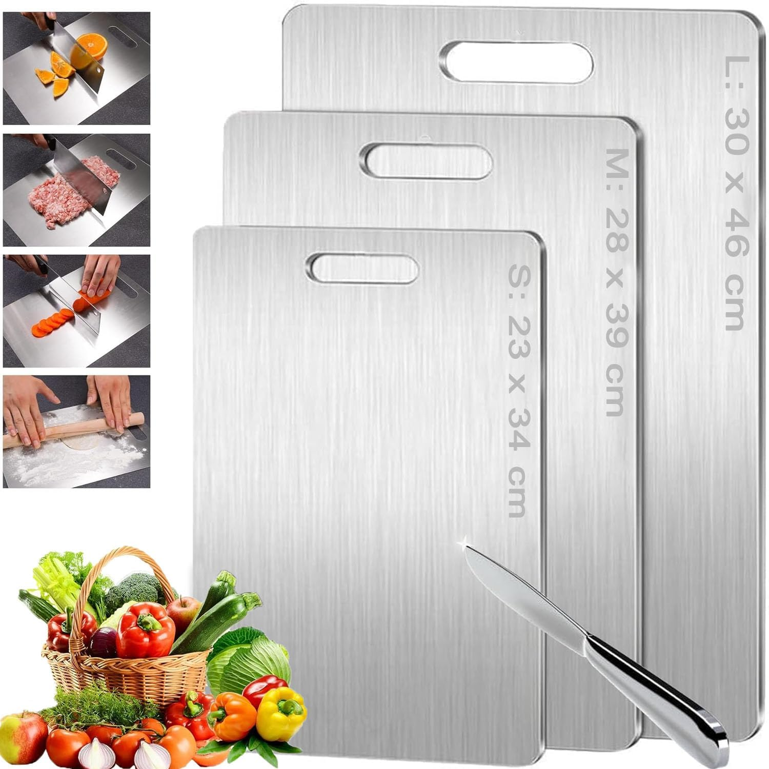 Wakouter Stainless Steel Cutting Board, 3PCS 304 Cutting Boards for Kitchen, Double Sided Food Grade Chopping Boards, Stainless Steel Chopping Board Set for Meat, Fruit, Vegetables, Dishwasher Safe