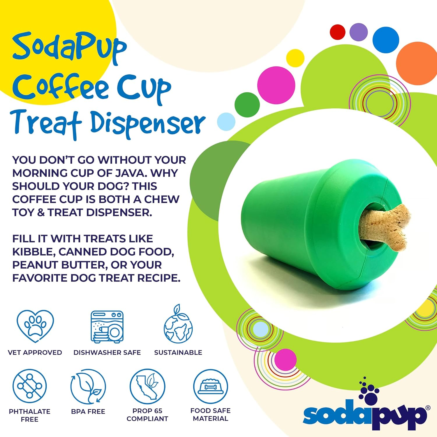 Sodapup Coffee Cup Durable Rubber Chew Toy and Treat Dispenser Dog Toy - Dog Puzzle Toys - Treat Dispensing Dog Toys - Dog Enrichment Toys - Sturdy Dog Toys (Medium, Green)