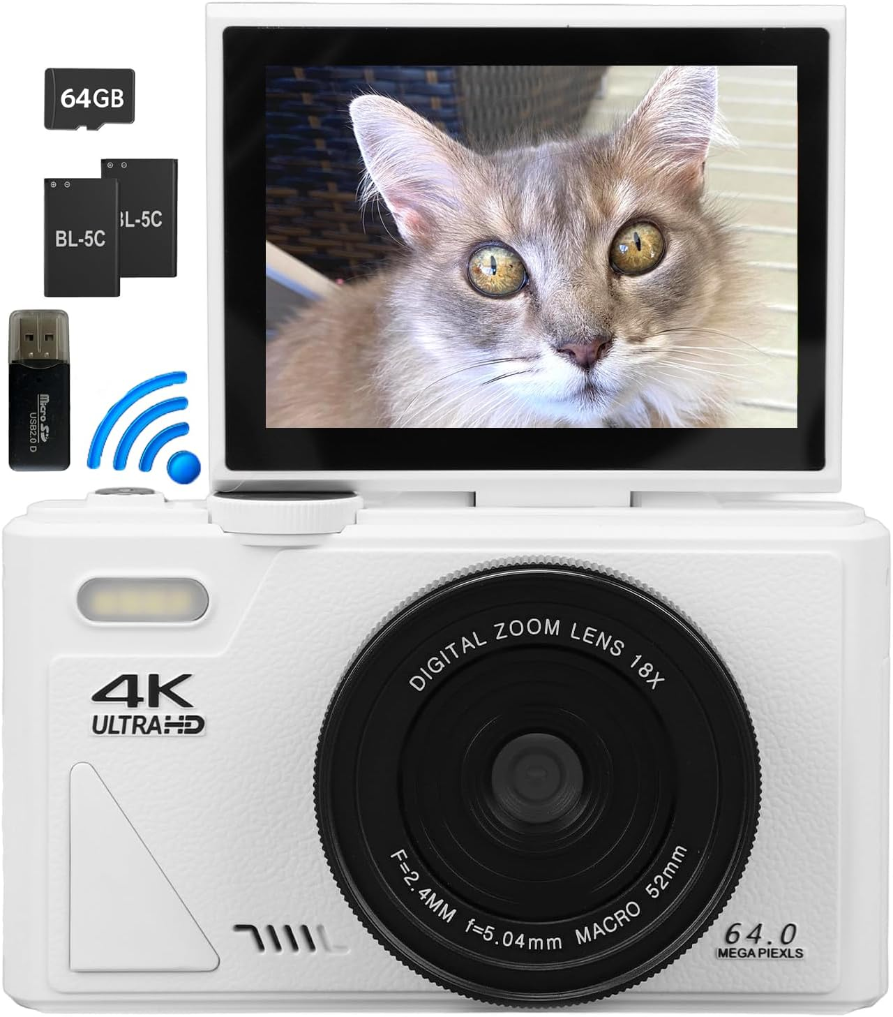 Digital Camera for Photography, 4K 5K Vlogging Cameras Youtube 3" 180&deg; 64MP Flip Screen 18X Digital Zoom Compact Tiktok Camera 64GB TF Card 2 Batteries, USB (Black)