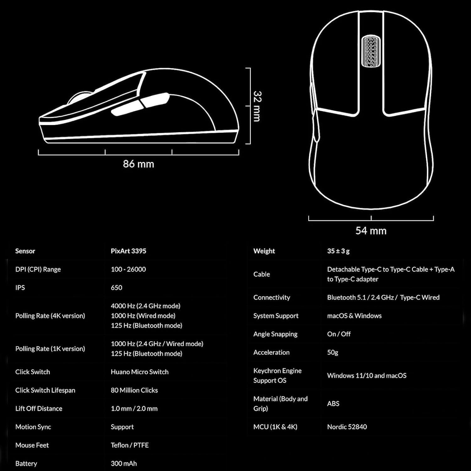 Keychron M4 35G Ultra-Light Wireless Mouse, PAW3395 Sensor with Programmable Macro Button 26,000 DPI Supports 2.4 Ghz/Bluetooth 5.1 for PC Mac Laptop (White) image number 3