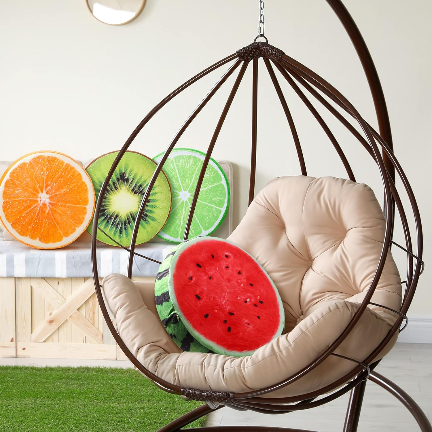 Coume 4 Pcs 15.7 Inch Fruit Pillows round Floor Cushions 3D Watermelon Kiwi Lemon Orange Decorative Stuffed Throw Pillows Chair Toy Seat Floor Seat Cushions for Kids Couch Sofa Classroom image number 3