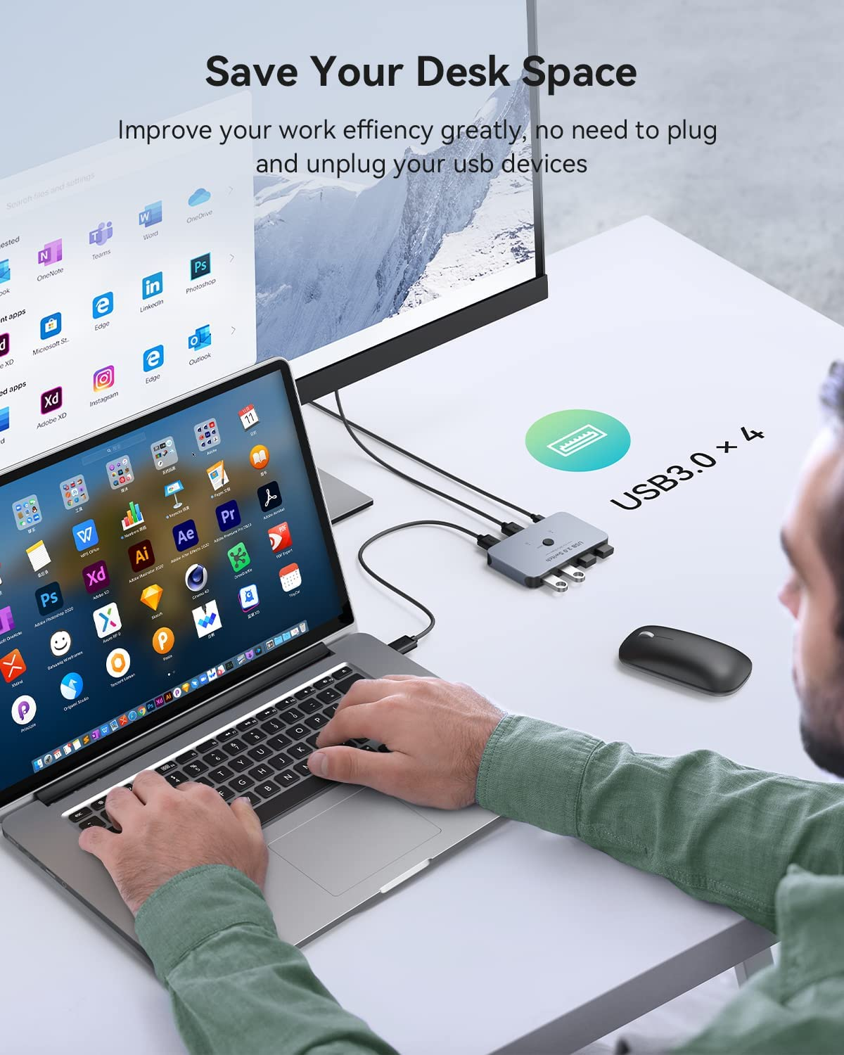 ABLEWE USB Switch 3.0 KVM Switch, Aluminum USB Switcher 2 Computers Sharing 4 USB Devices for PC Printer Scanner Mouse Keyboard with 2 Pack USB 3.0 Cable Grey image number 4