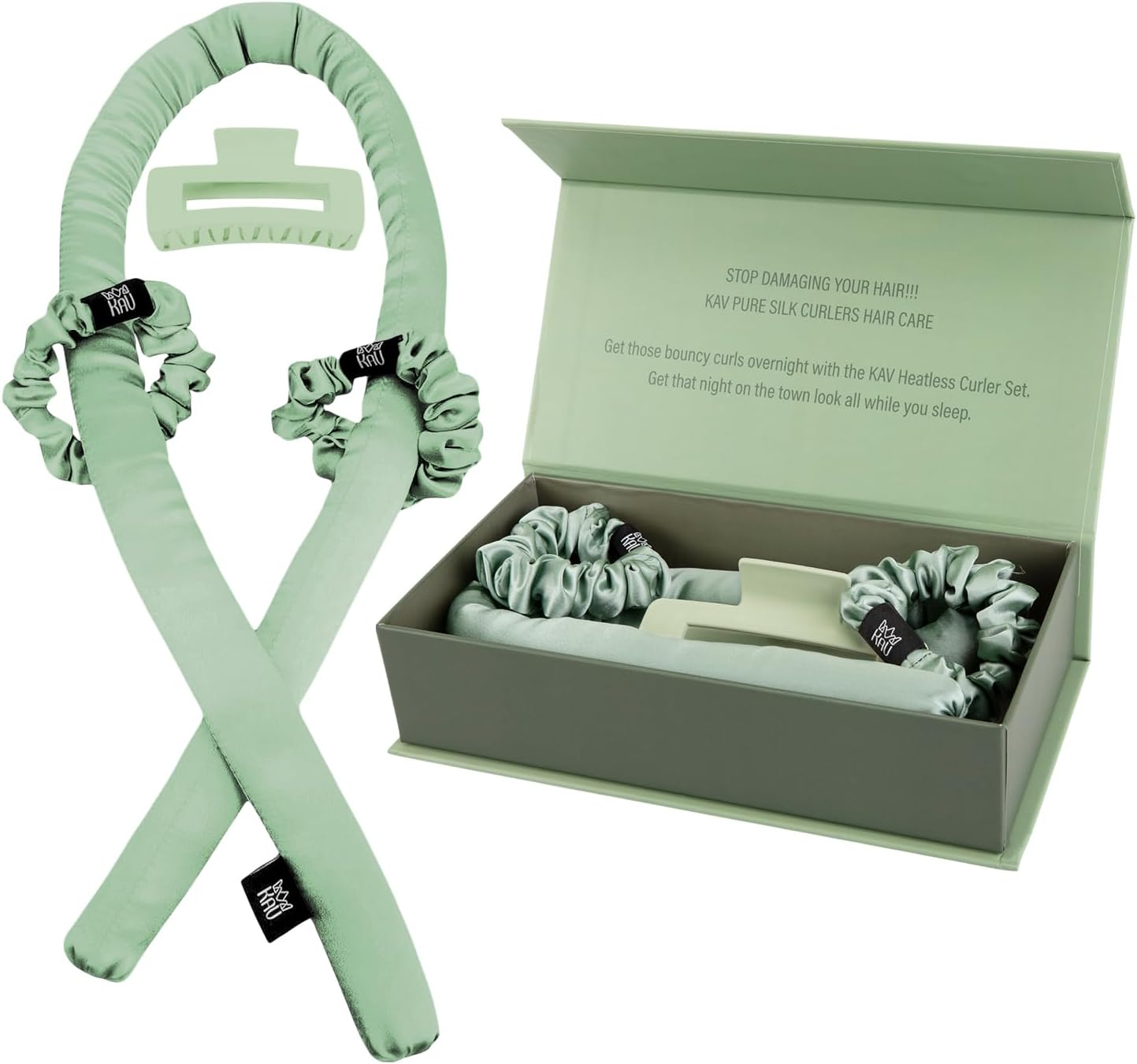 KAV Heatless Hair Curler, Mulberry Silk Overnight Hair Curl Set, No Heat Curling Rod Giftset, Premium Salon Quality Rollers to Sleep In, Heat Less Curls Set with Clip and Scrunchies