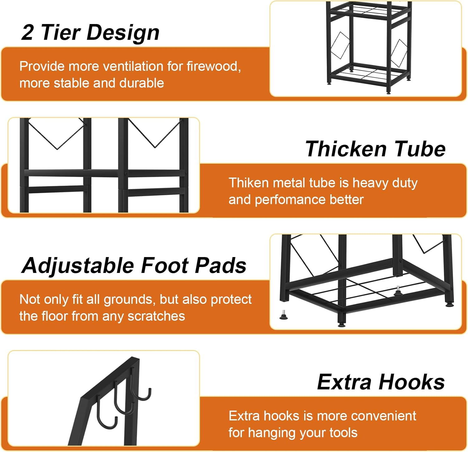 Firewood Rack for Indoor, 2-Tier Firewood Holder with 3 Hanging Hooks, Heavy Duty Wood Rack for Outdoor Patio, Black