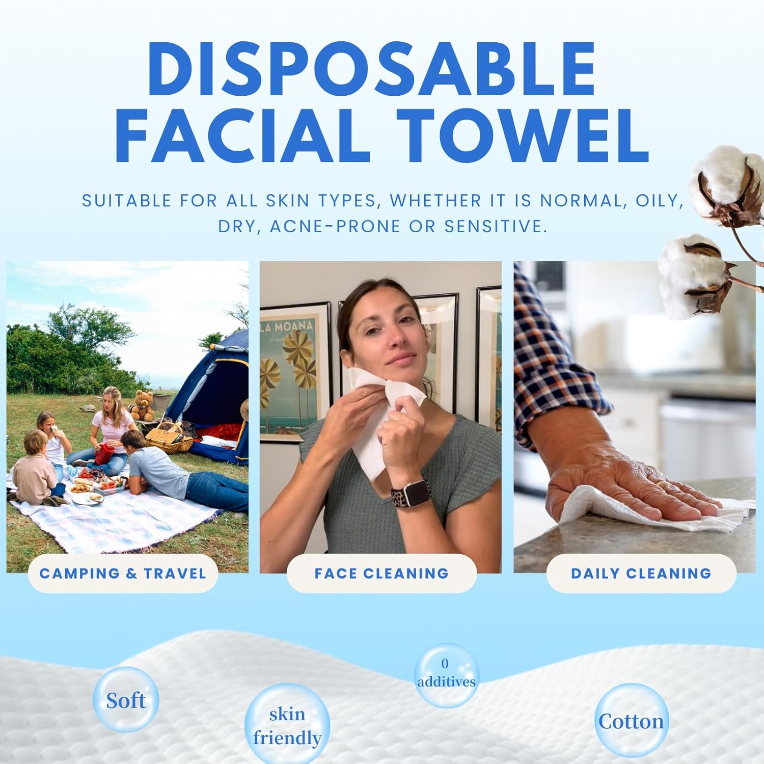 Disposable Face Towel, VIETDAI Large and Soft Clean Facial Towels for Sensitive Skin, Cotton Face Towelette Disposable for Facial Cleansing, Makeup Removing, Nursing, Travel - 50 Count image number 3