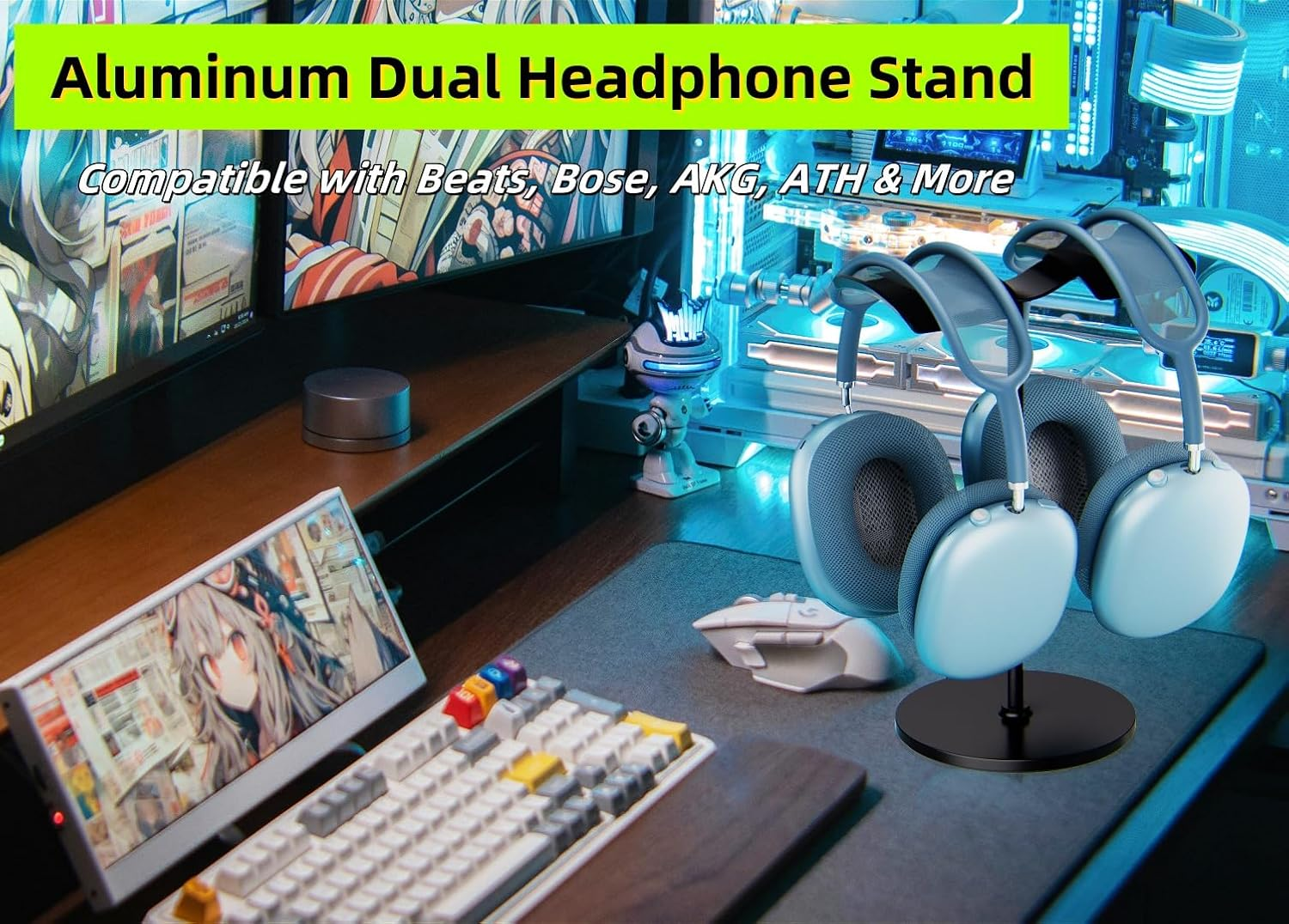 NQQNQQ DJ-O Aluminum Dual Headphone Stand for Over-Ear Gaming Headsets &ndash; Heavy Base Holder Compatible with Beats, Bose, ATH, AKG. (Silver) - Black image number 3
