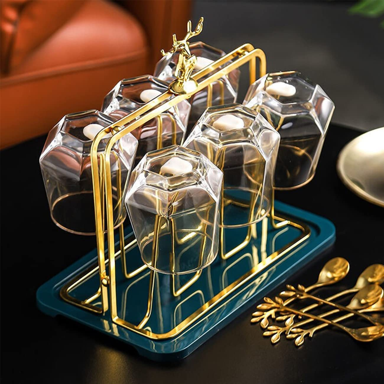 Glass Cup Drying Rack with Drain Tray，Elk Relief Design Coffee Cup Holder Wine Glass Drying Rack，Bottle Drying Stand with 6 Hooks Mugs Cups Organizer image number 6