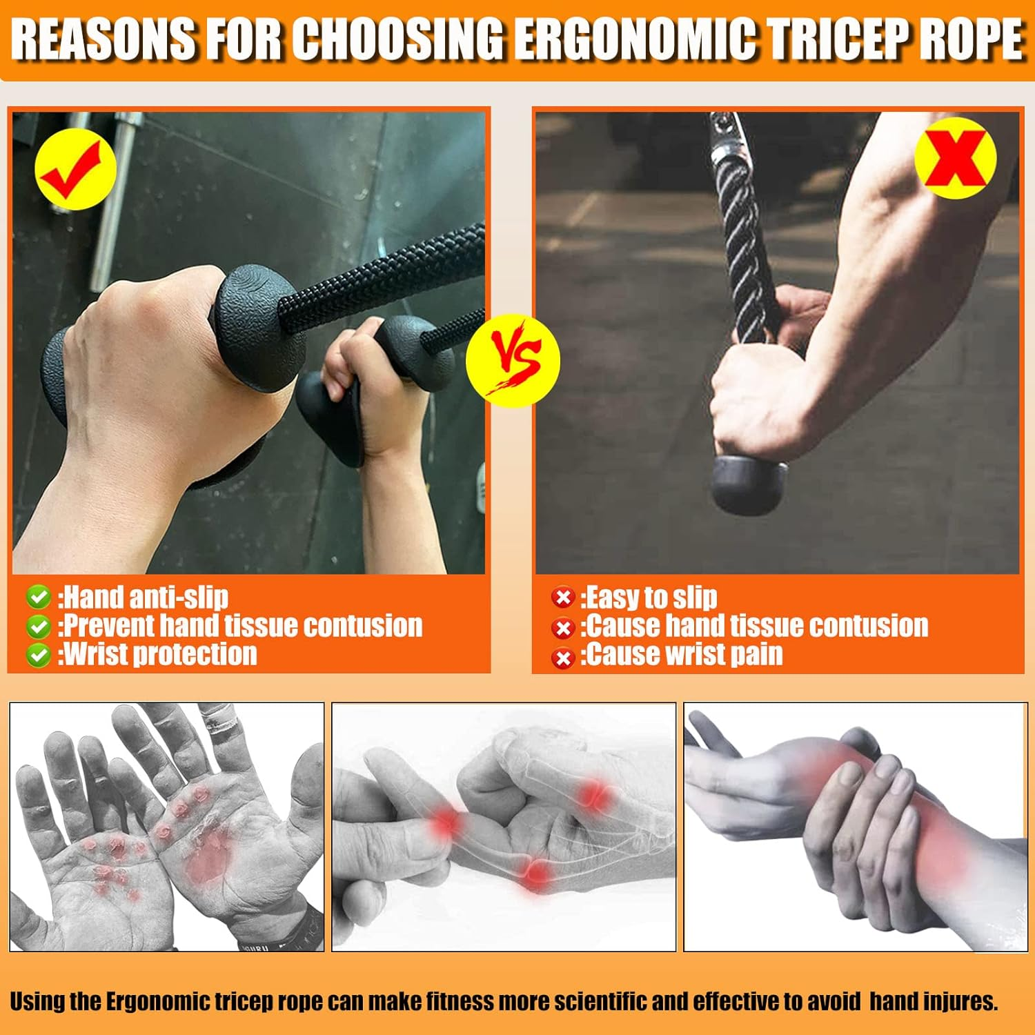 Ergonomic Tricep Rope Pull down Attachment, Gym Cable Attachment, Pull down Rope for Cable Machine, Upgraded Tricep Attachment with Full Palm Support, Tricep Rope Cable Attachment