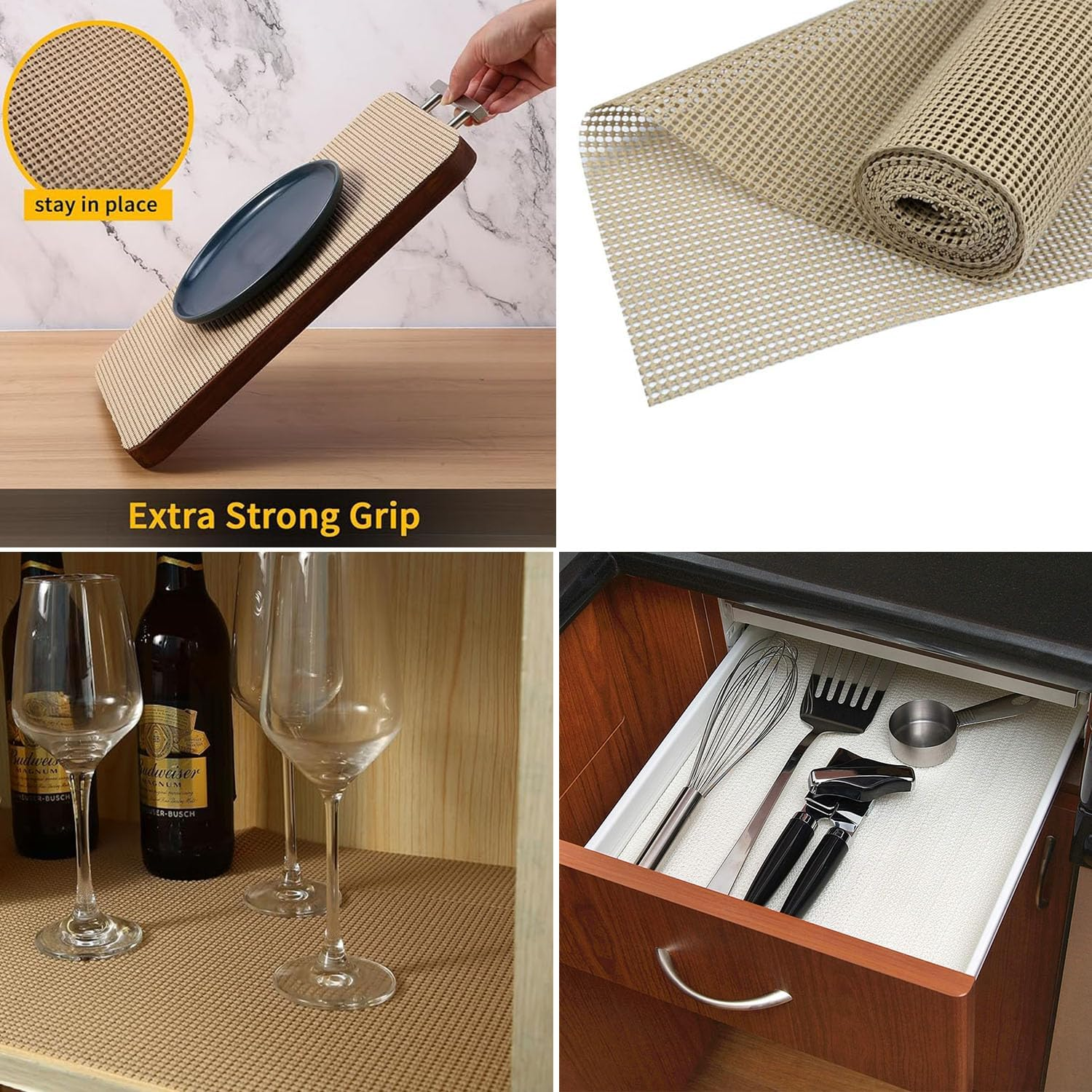 Taicols Shelf Drawer Liners Non Adhesive Non Slip Strong Grip Liner for Kitchen Cabinets Storage Shelves Liner Refrigerator Mats Easy to Cut Multipurpose Reusable Durable Washable 30*150Cm (Off-White) - Brown image number 3