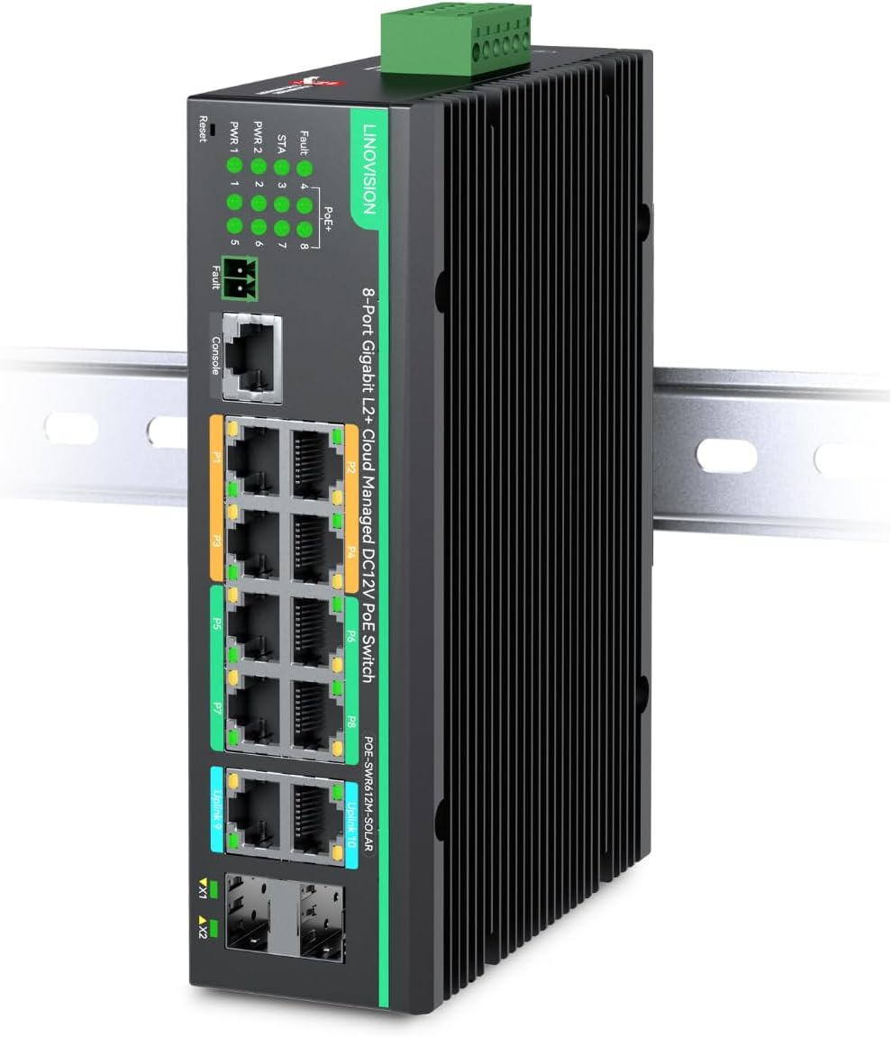 LINOVISION Industrial 12 Ports L2+ Cloud Managed Poe Switch with DC8~57V Redundant Power Input, Full Gigabit Solar Poe Switch, 12V Poe Switch with Relay Alarm, Ieee802.3Af/At, Total Poe Budget 240W image number 5