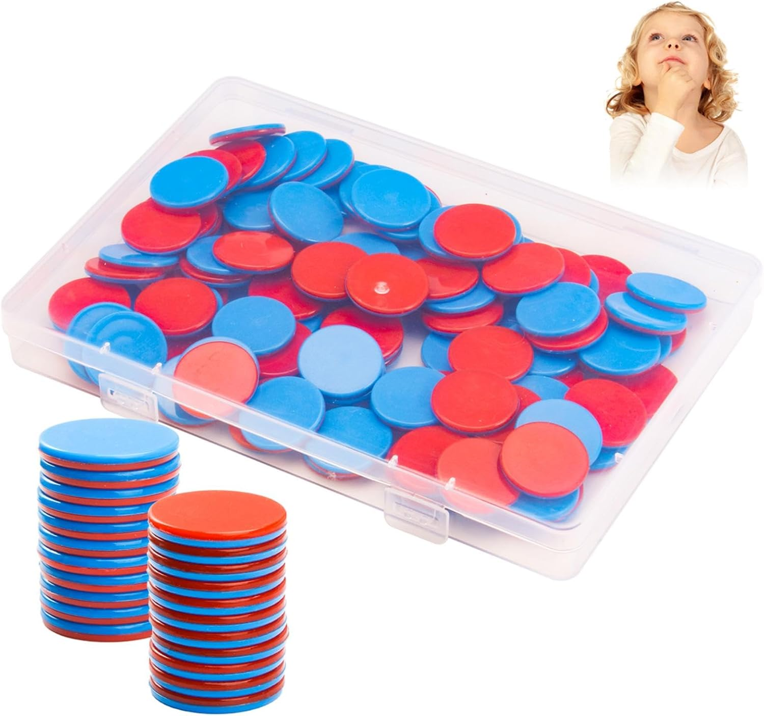 Pack of 100 Reversible Plates Red Blue Plastic for Maths Calculation Aid, Calculation Plates, Counting Chips for Children'S Hands, Mathematics Reversible Plates for Primary School, Learning Aid image number 1