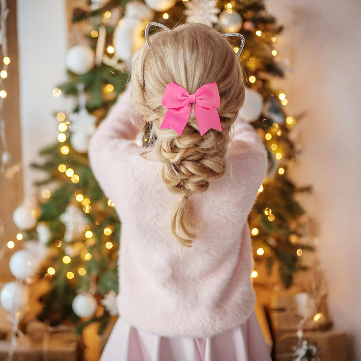 Set of 2 Satin Hair Clips with Big Bows for Girls Dark Pink image number 4