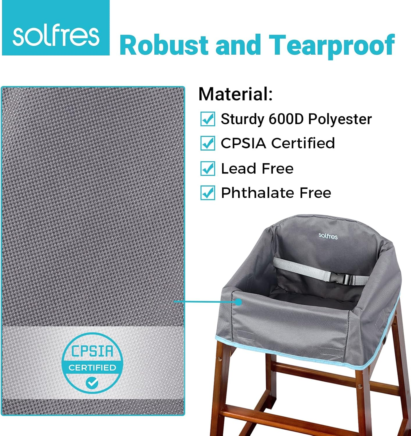 Dual-Belt Baby High Chair Cover, Upgrade Version, for Wooden or Restaurant High Chair, Sturdy and Robust Material, Waterproof Washable Stain and Slip Resistant, Gray - Gray image number 4