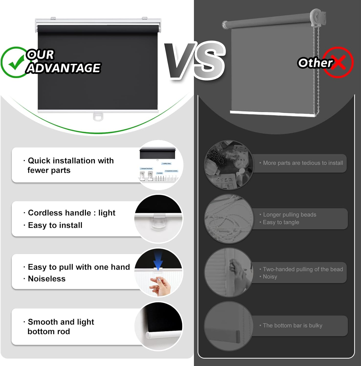 AOSKY Cordless Roller Shades Blackout Blinds for Windows Room Darkening Rolled up Shades with Spring System, UV Protection Window Shades Door Blinds for Home and Office (41" W X 72" H, Black) image number 7