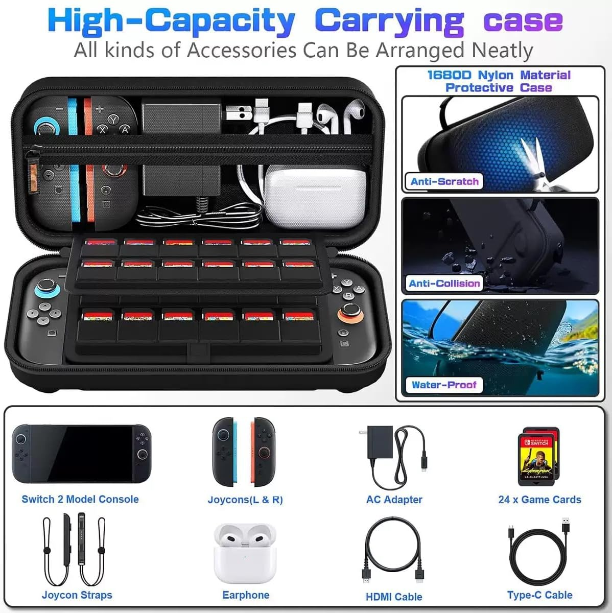 Carrying Case for 2025 Nintendo Switch 2,Large Capacity Storage Bag with 20 Game Card Slots,Hard Portable Travel Case with Switch 2 Protective Case and 2 Screen Protector image number 4